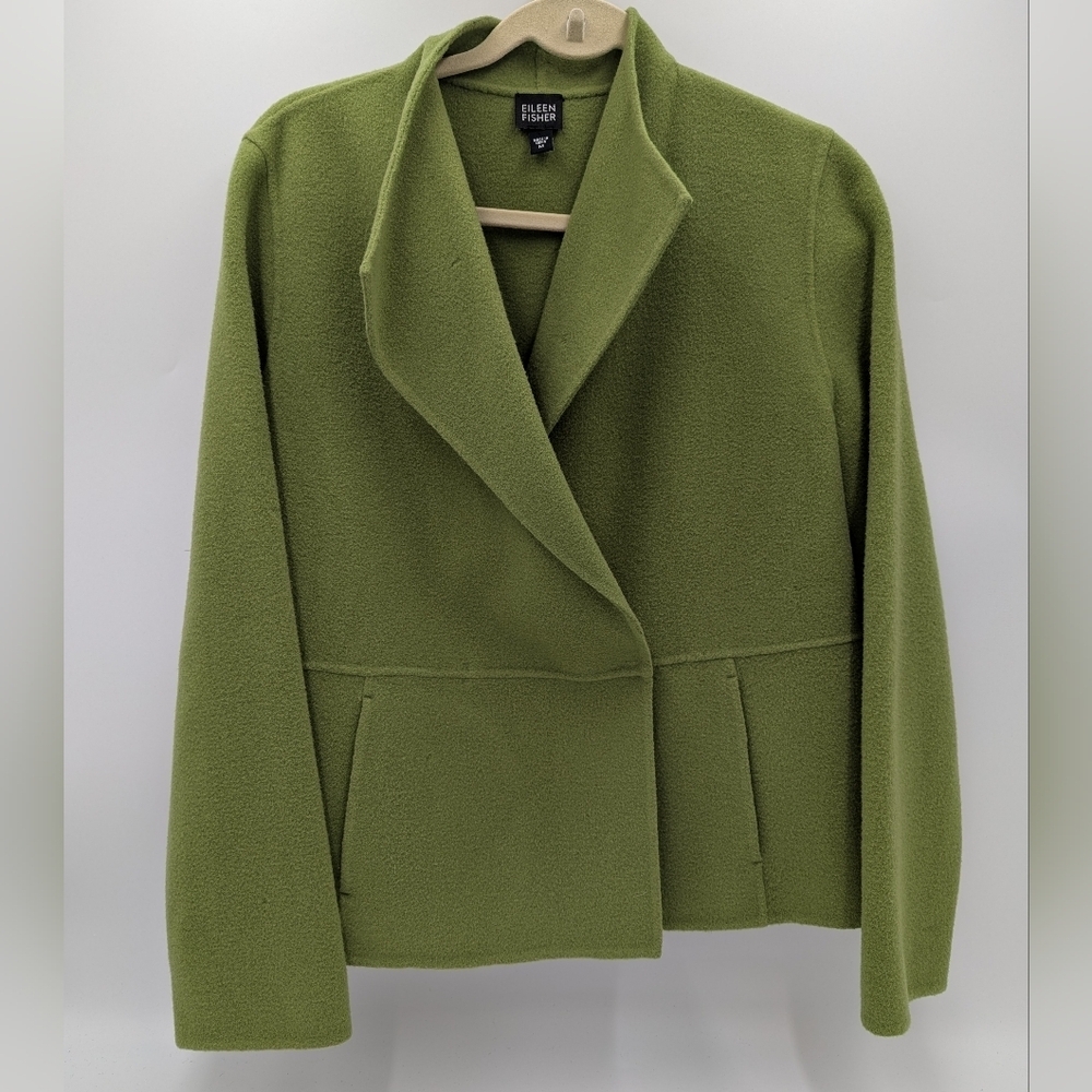 Eileen Fisher Wool Shawl Collar Jacket Chartreuse Quiet Luxury Minimalist Medium